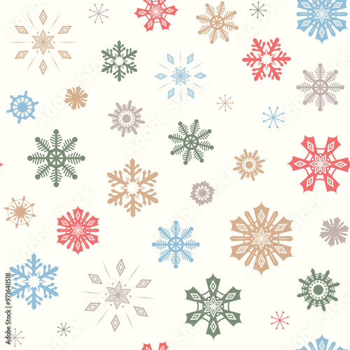 Colorful snowflakes Christmas seamless pattern. Bright snow crystals on white background. Winter vector illustration. Scandinavian boho Christmas nordic snow flakes seamless repeat design.