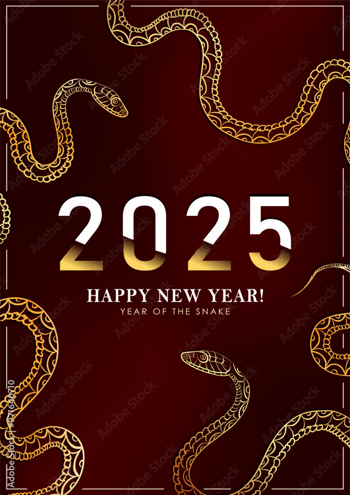 2025 Chinese New Year poster with linear golden coiled snakes as a frame on red background. Greeting card in Asian style with reptiles as Oriental horoscope symbol or zodiac sign. Christmas holidays 2025 Chinese New Year poster with linear golden coiled snakes as a frame on red background. Greeting card in Asian style with reptiles as Oriental horoscope symbol or zodiac sign. Christmas holidays