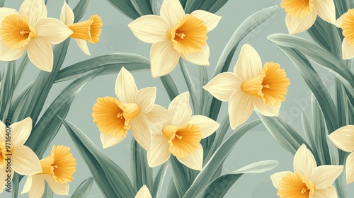 Floral pattern with yellow daffodils and pale green leaves generative ai