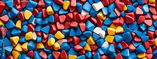 A close-up of red, blue, and yellow plastic granules with small triangular pieces in the background