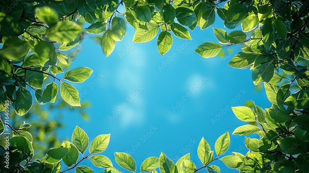 Obraz premium Blue sky in front with green leaves and white clouds behind