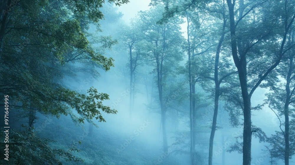 Fototapeta premium Misty Forest with Tall Trees and Blue Hues