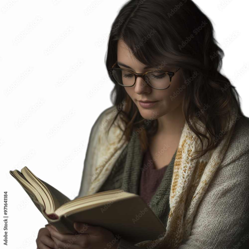 Woman with glasses immersed in reading a hardcover book under soft lighting Woman with glasses immersed in reading a hardcover book under soft lighting