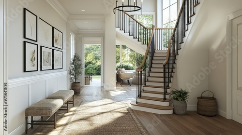 Entry foyer hallway and staircase with wrought iron railings leading into a modern farmhousestyle family home