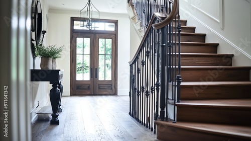 Entry foyer hallway and staircase with wrought iron railings leading into a modern farmhousestyle family home photo