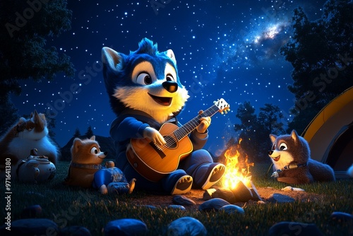 A husky with an acoustic guitar, singing around a campfire with other animals, the stars twinkling above them