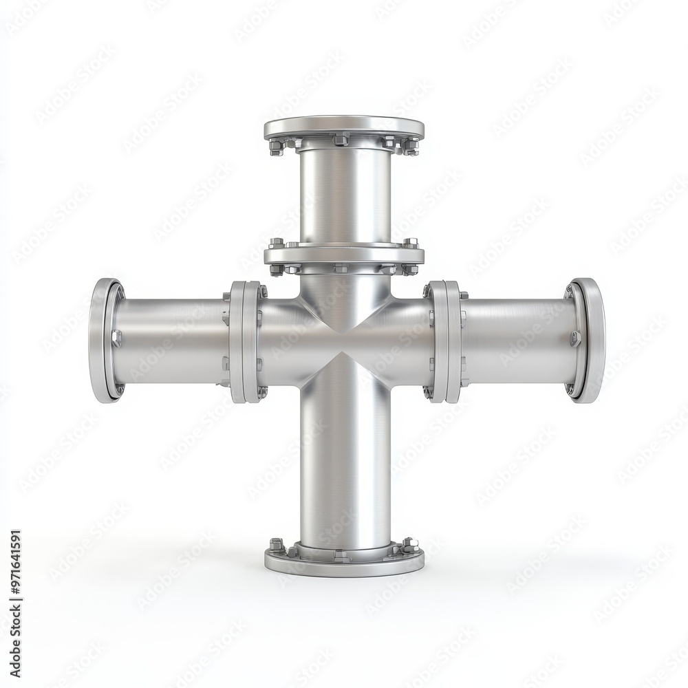 A three-way pipe, industrial component, 3D rendering, metallic finish, isolated on white background. A three-way pipe, industrial component, 3D rendering, metallic finish, isolated on white background.
