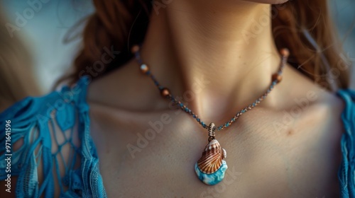 beads with shell on neck close up.