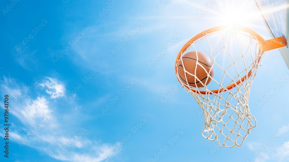 Ball and net, scoring moment under a clear sky. Ball and net, scoring moment under a clear sky.