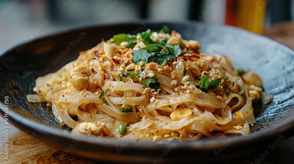 Close-up of a plate with noodles and vegetables on wood table against blurred background Close-up of a plate with noodles and vegetables on wood table against blurred background