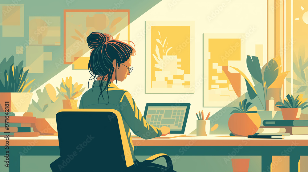 Fototapeta premium A minimalist office space, a young professional typing on her laptop, surrounded by modern furniture and sleek designs 