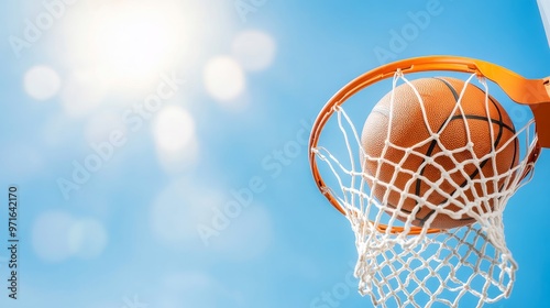 Ball scoring in the hoop, against a bright clear sky.