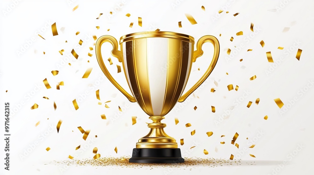Gold trophy award for a champion winner featuring a 3D golden soccer victory prize with tournament win confetti Symbol of victory this realistic vector reward showcases a championship Gold trophy award for a champion winner featuring a 3D golden soccer victory prize with tournament win confetti Symbol of victory this realistic vector reward showcases a championship