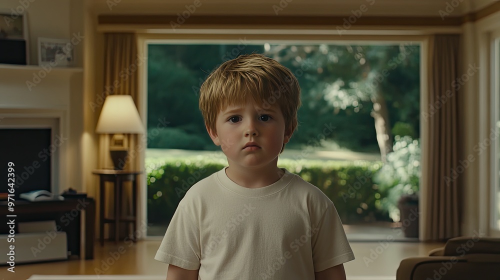 A young boy with blonde hair and brown eyes stands in his living room wearing a gray T-shirt. His expressionless face creates an atmosphere of solitude amid family hints A young boy with blonde hair and brown eyes stands in his living room wearing a gray T-shirt. His expressionless face creates an atmosphere of solitude amid family hints