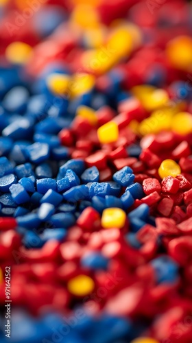 A close-up of red, blue, and yellow plastic granules with small triangular pieces in the background