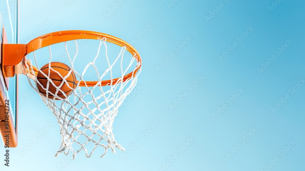 Basketball hoop with net, ball scoring under a clear sky. Basketball hoop with net, ball scoring under a clear sky.