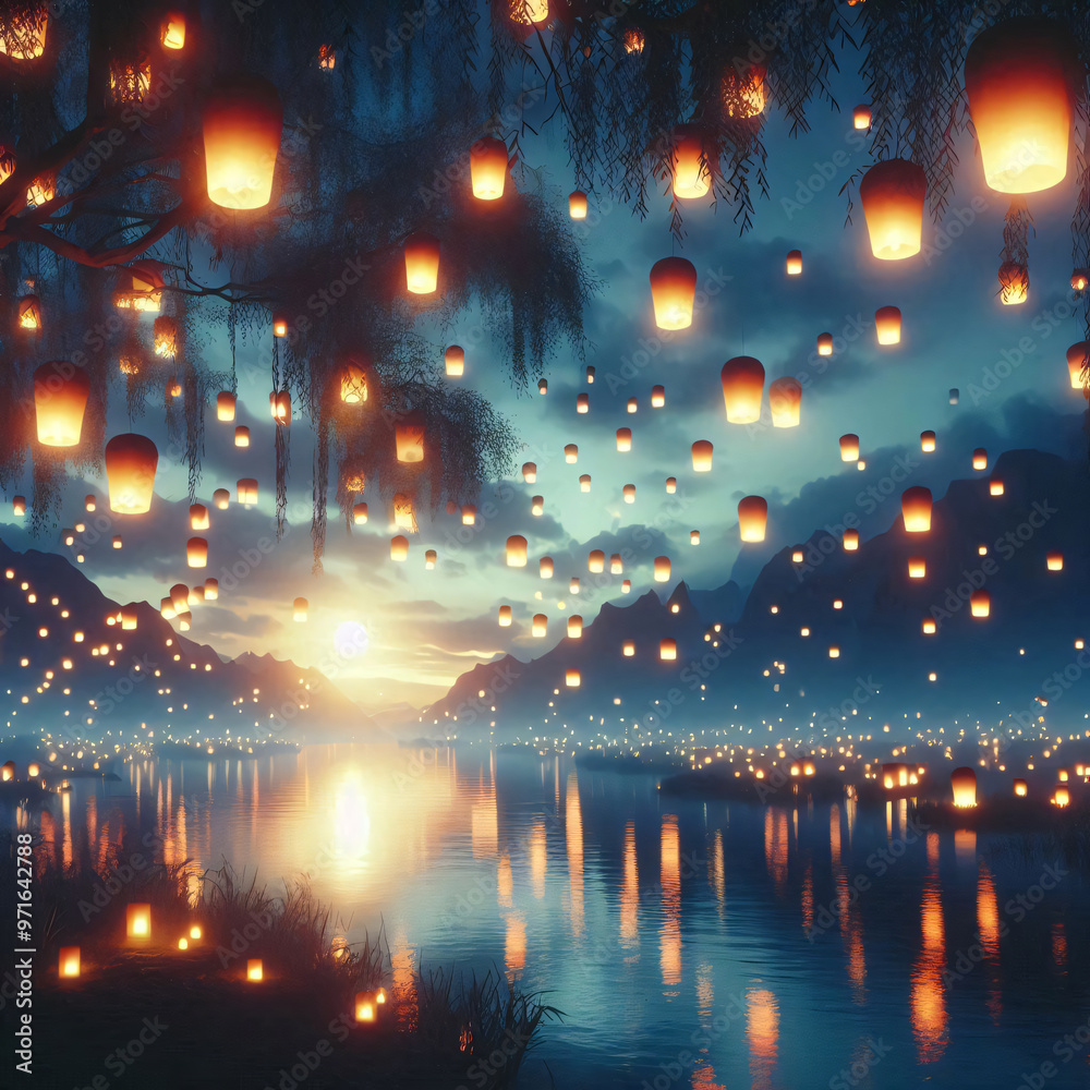 Lanterns float in a serene night sky over a tranquil river, flanked by lush trees