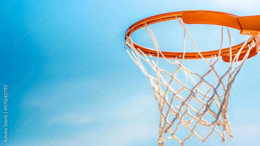 Basketball hoop with net, ball scoring under a clear sky. Basketball hoop with net, ball scoring under a clear sky.