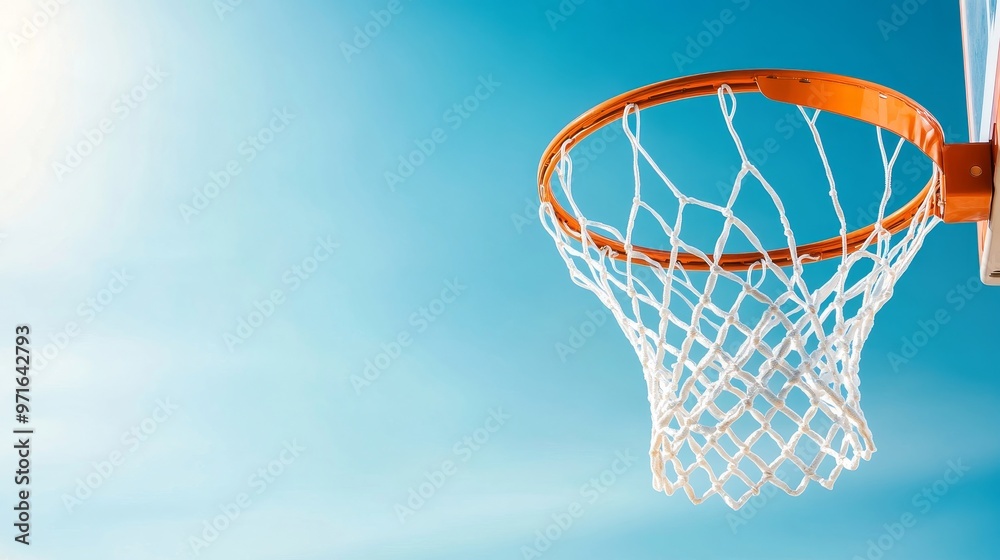 Basketball hoop with net, ball scoring under a clear sky. Basketball hoop with net, ball scoring under a clear sky.