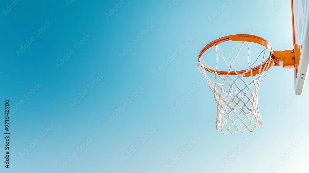 Basketball in motion, net with clear sky background.8 Basketball in motion, net with clear sky background.8