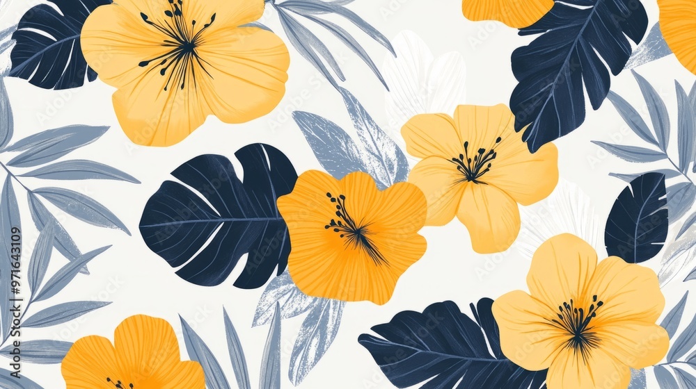 Floral pattern with yellow flower and pale blue leaves generative ai Floral pattern with yellow flower and pale blue leaves generative ai