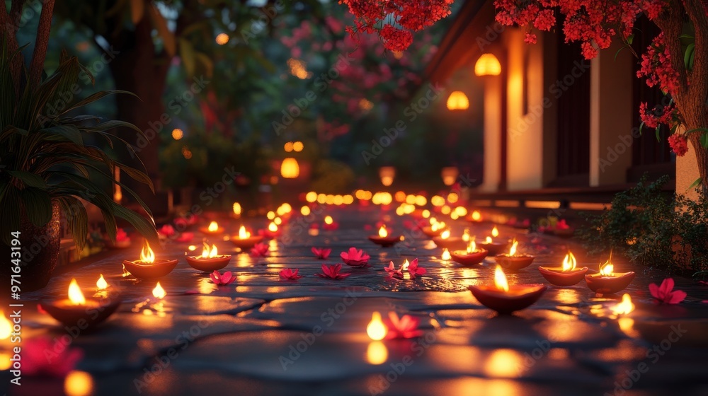 A peaceful Diwali night with glowing diyas, serene surroundings, and a warm, festive atmosphere A peaceful Diwali night with glowing diyas, serene surroundings, and a warm, festive atmosphere