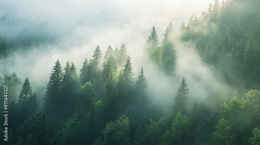A dense fog rolling over a tranquil fores through the trees A dense fog rolling over a tranquil fores through the trees