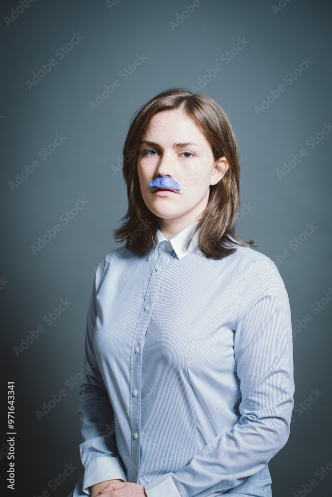 Fototapeta premium Studio, portrait and woman with moustache for character, facade and cosplay with pride for halloween. Female person, creativity and ready by gray background for persona, shirt costume and serious