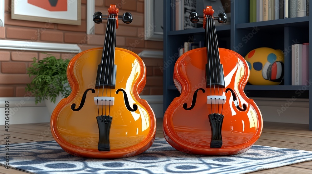 Fototapeta premium Vibrant orange and yellow violins placed in a stylish interior, showcasing musical elegance and artistry.