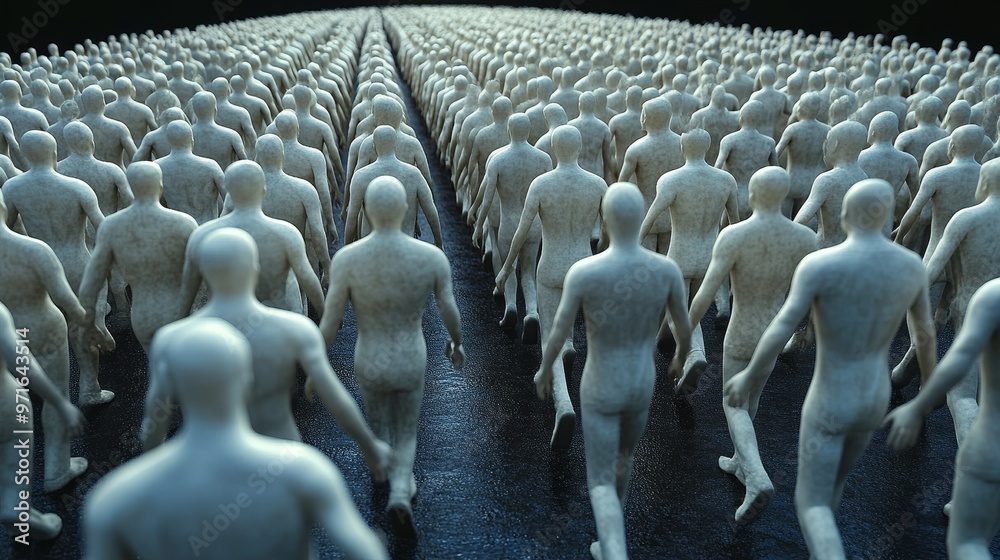 Obraz premium A captivating scene of countless blank figures walking in unison, representing unity, anonymity, and the human experience.