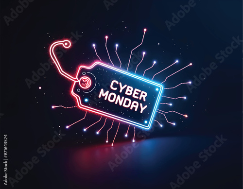 a poster that says cyber monday on it with a glowng price tag and circuit lines arround it