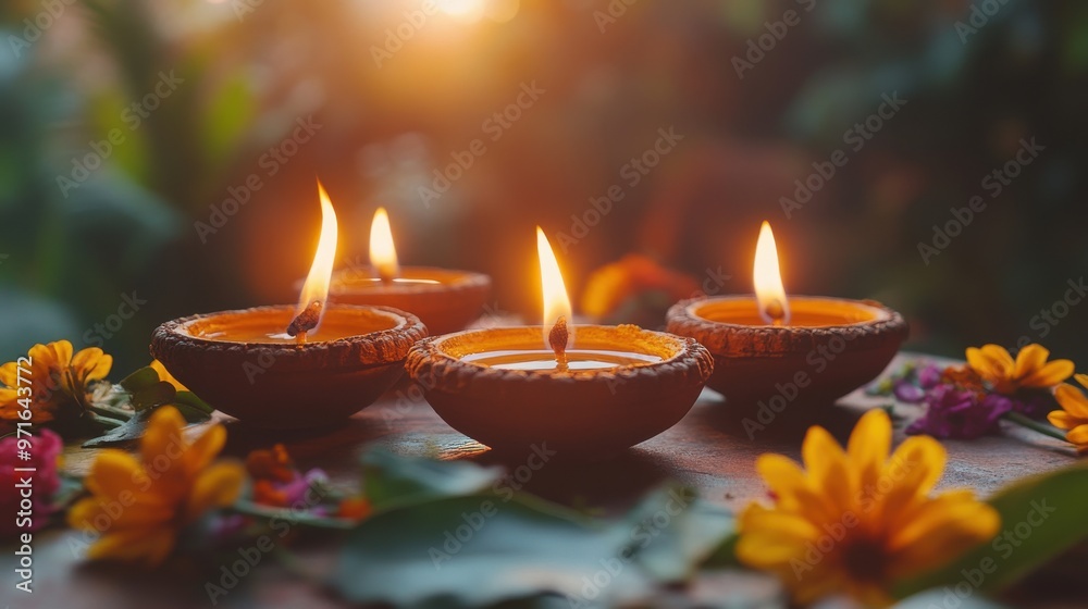 A quiet, meditative Diwali setting with sacred flames, traditional offerings, and spiritual symbols