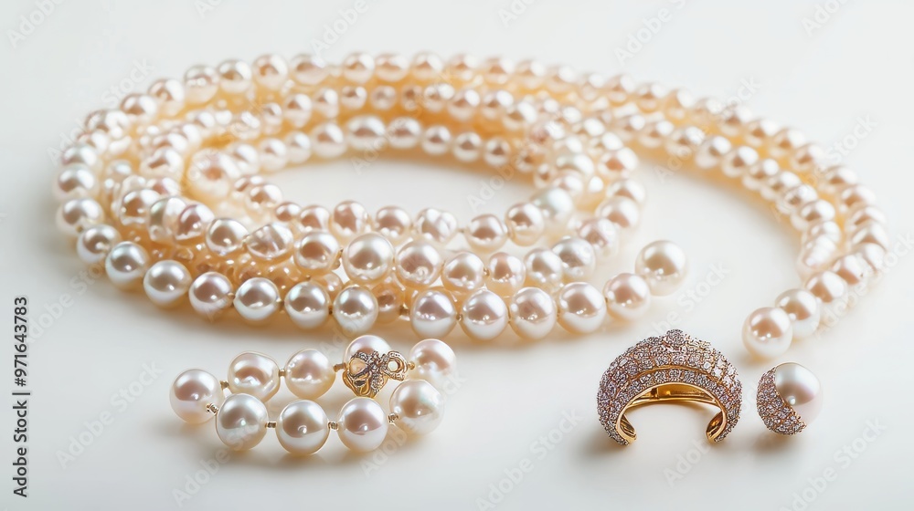 Beautiful pearl bracelet, necklace, ring, and earring on white background Beautiful pearl bracelet, necklace, ring, and earring on white background