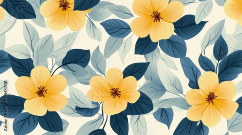 Floral pattern with yellow flower and pale blue leaves generative ai