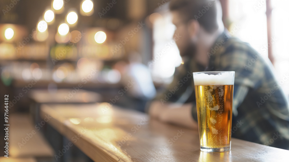Glass of beer on wooden table with person in background in a cozy pub setting. Scene captures warm and inviting atmosphere Glass of beer on wooden table with person in background in a cozy pub setting. Scene captures warm and inviting atmosphere