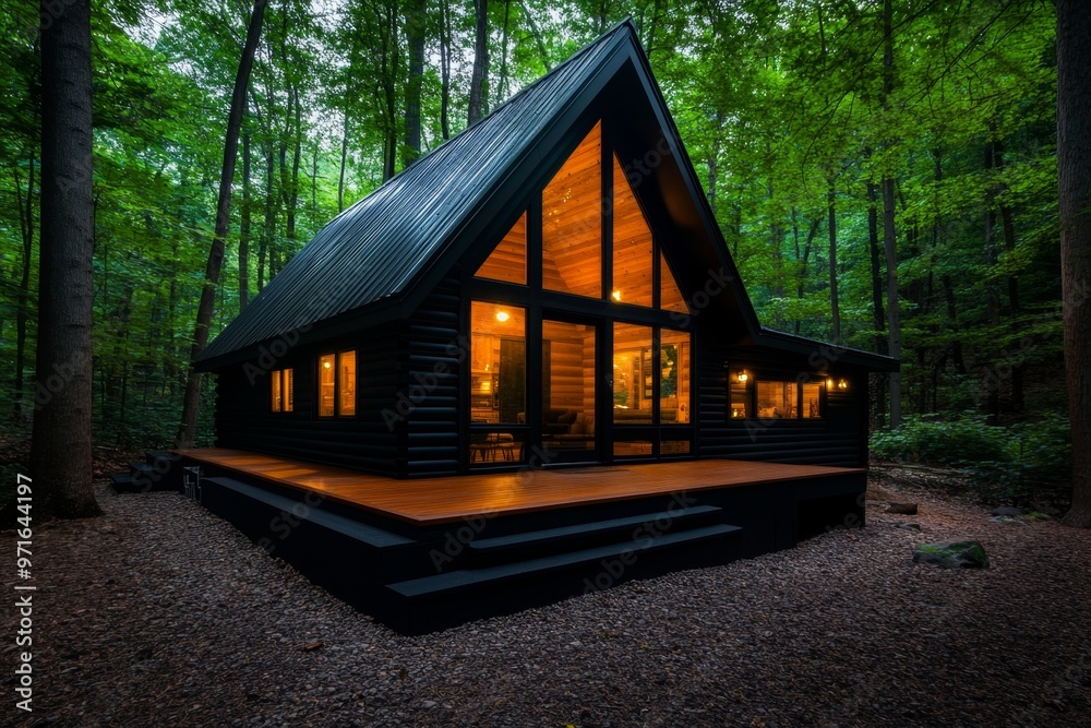 A simple, rustic cabin in the woods, surrounded by towering trees, with light pouring through the windows, creating a sense of warmth and peace A simple, rustic cabin in the woods, surrounded by towering trees, with light pouring through the windows, creating a sense of warmth and peace