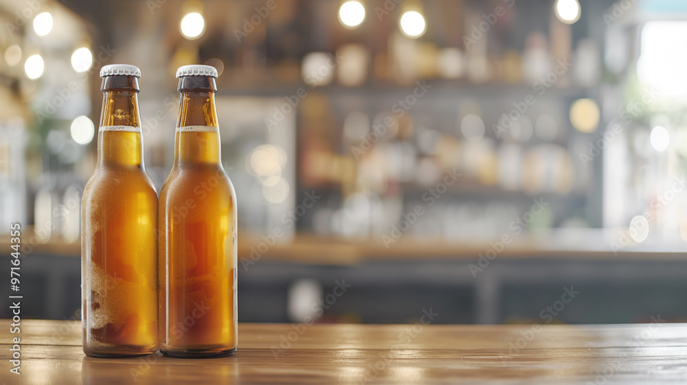 Two amber beer bottles on a wooden bar counter with a bokeh background of a cozy bar. The bottles have condensation, suggesting they are cold and ready to drink Two amber beer bottles on a wooden bar counter with a bokeh background of a cozy bar. The bottles have condensation, suggesting they are cold and ready to drink