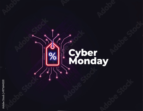 a black background with a cyber monday sale sign and a price tag with circuit lines arround it