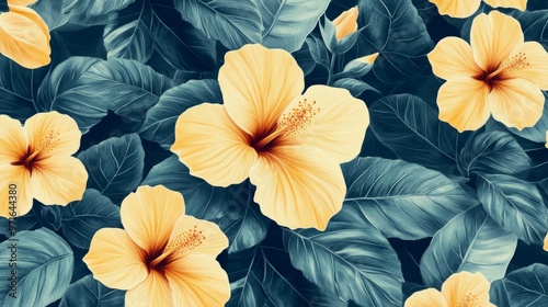 Wallpaper Mural Floral pattern with yellow hibiscus flowers and pale green leaves generative ai Torontodigital.ca