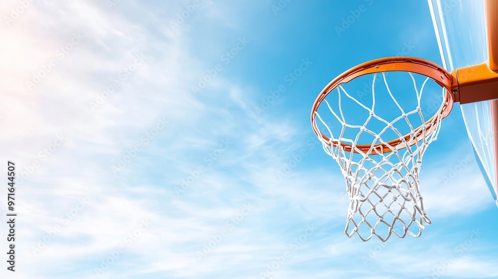 Basketball shot scoring, net and sky perfectly aligned. Basketball shot scoring, net and sky perfectly aligned.