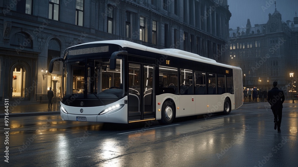 Fototapeta premium A striking electric bus showcases futuristic design against a night city backdrop, with raindrops on its windows and lights shimmering as people stroll alongside