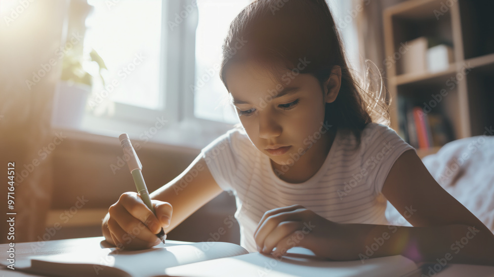Girl with long dark hair writing in a notebook while sitting at a desk in a sunlit room. She is focused on her work, with natural light streaming in from a window in the background Girl with long dark hair writing in a notebook while sitting at a desk in a sunlit room. She is focused on her work, with natural light streaming in from a window in the background