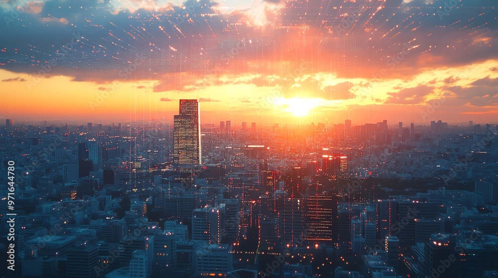 Fototapeta premium A city skyline at sunset with digital lines emanating from the buildings.
