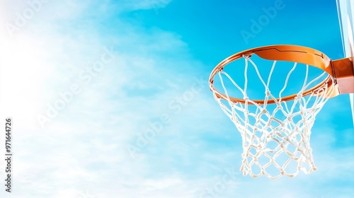 Basketball swish, net and sky background.