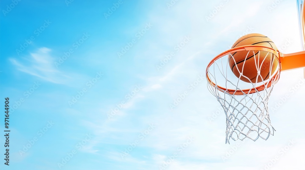 Basketball swish, net and sky background. Basketball swish, net and sky background.