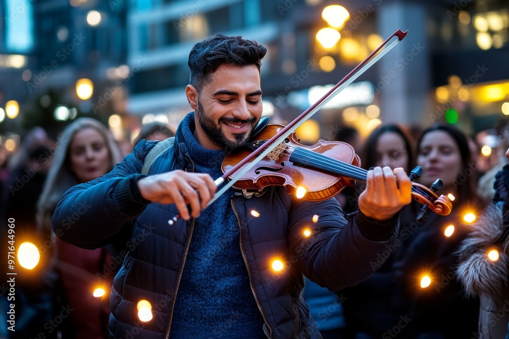 Fototapeta premium A street performer playing the violin, surrounded by onlookers, their faces bathed in the warm glow of streetlights
