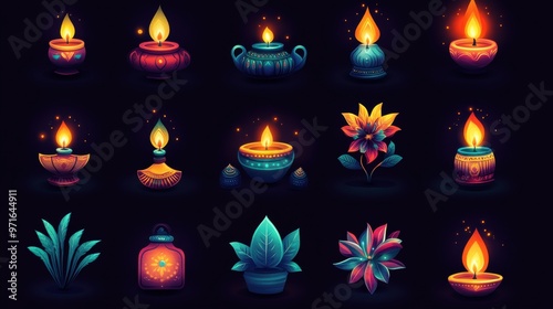A set of Diwali clipart icons, including fireworks, diyas, and cultural motifs