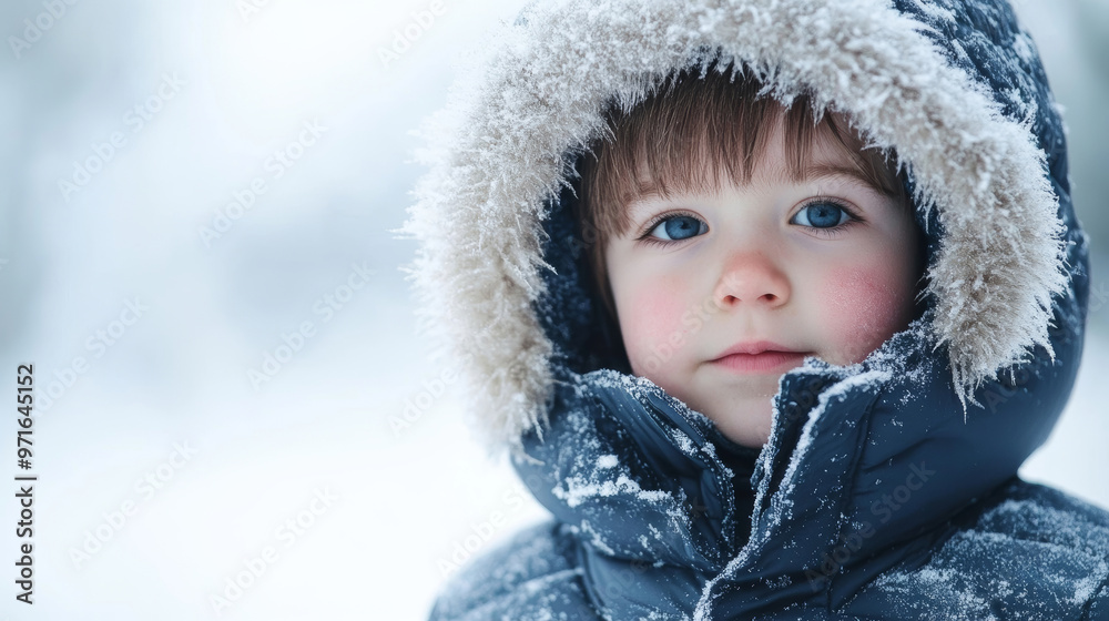 Child with blue eyes wearing a hooded winter coat, face slightly flushed from the cold. Snowflakes rest on the hood, creating a serene winter portrait Child with blue eyes wearing a hooded winter coat, face slightly flushed from the cold. Snowflakes rest on the hood, creating a serene winter portrait