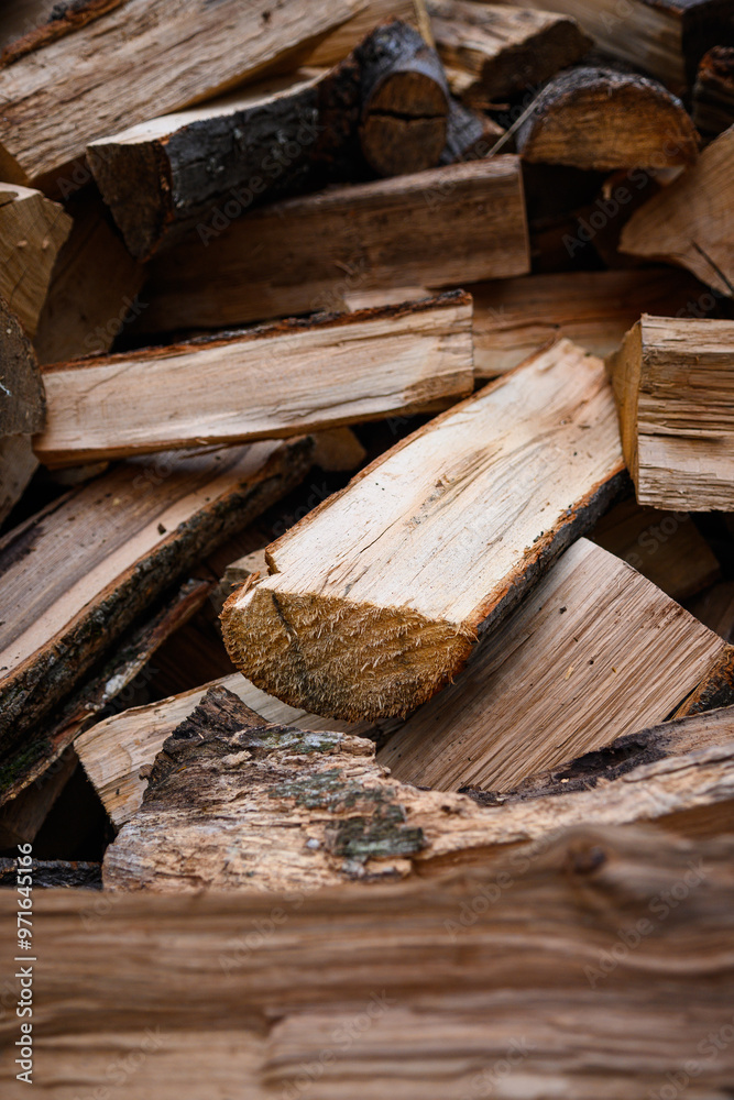 Chopped firewood in a large pile. The prepared power source is ready for combustion. Chopped firewood in a large pile. The prepared power source is ready for combustion.