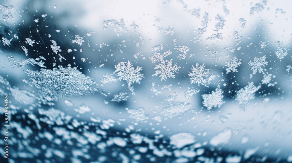Close-up of intricate snowflakes on a frosted window with a blurred winter scene in the background. The delicate patterns highlight the beauty of nature in cold weather Close-up of intricate snowflakes on a frosted window with a blurred winter scene in the background. The delicate patterns highlight the beauty of nature in cold weather